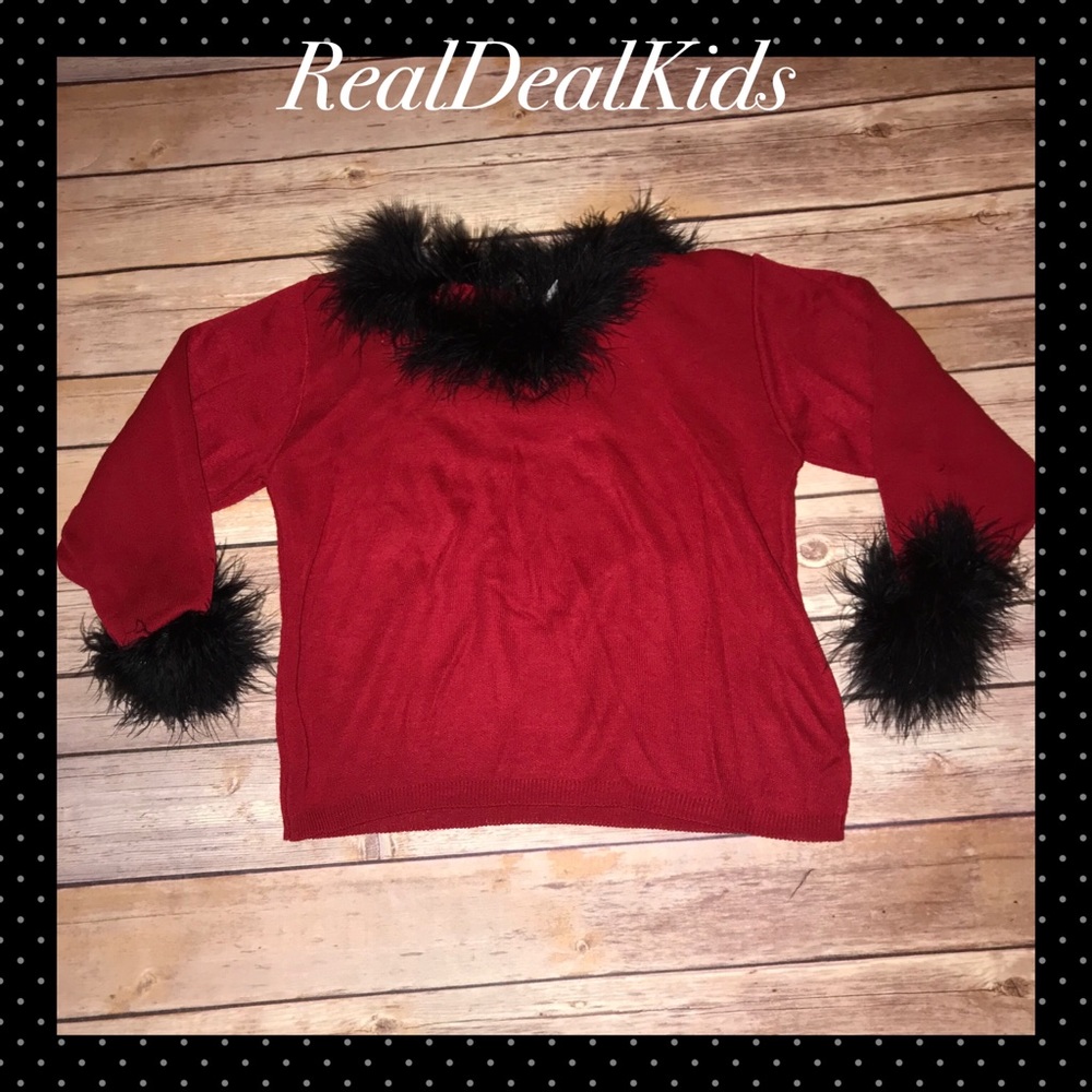 ♥️ Girl’s Red Sweater/Black Feather Trim (M 5/6)